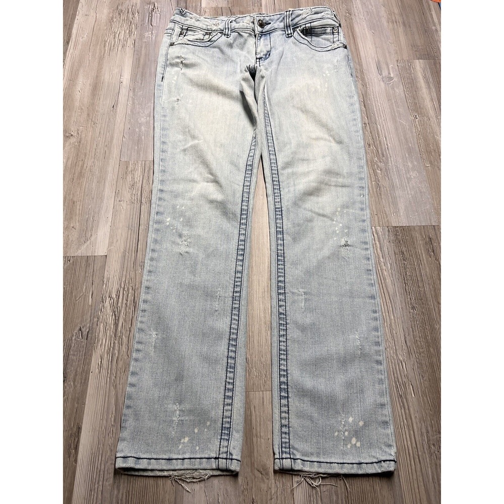 YNQ Distressed Straight Jeans Women's 11 Blue Low‎ Rise Stone Wash Cotton Blend